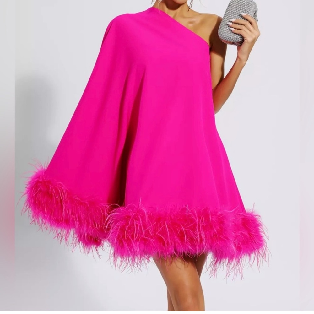 Fuchsia, One Shoulder Cape dress with Ostrich feathered trim!! -NWT